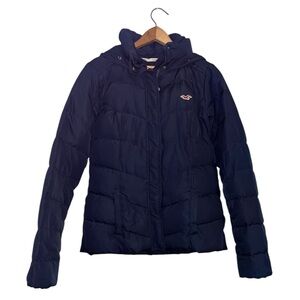 Hollister Women's Navy puffer down feather Jacket size medium outdoors Y2K